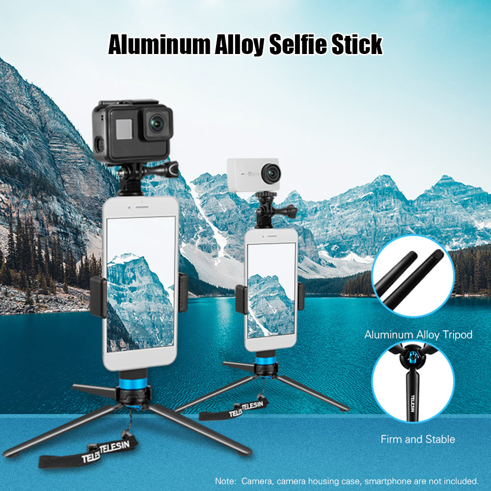 TELESIN Handheld Extendable Selfie Stick Monopod Aluminum Alloy Adjustable Pole with Tripod Cell Phone Holder for Smartphones Action Cameras