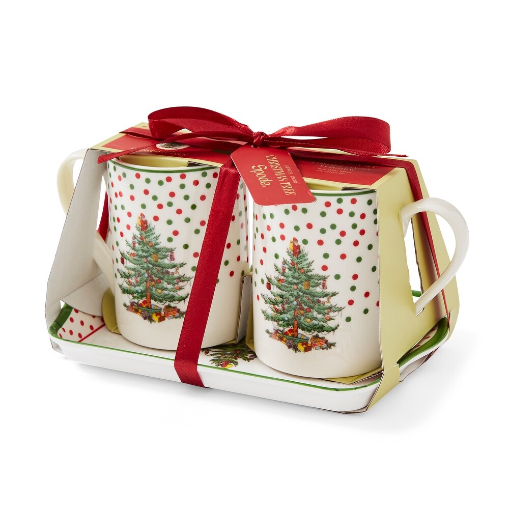 Pimpernel Christmas Tree Polka Dot Set of 2 Mugs and Tray