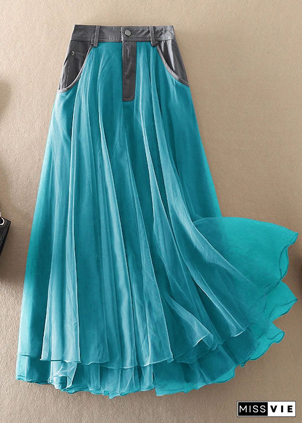 Natural Blue high waist Patchwork Tulle Skirts Spring