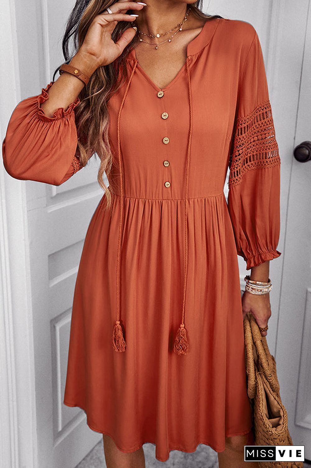 Solid Color V Neck Long Sleeve Casual Dress