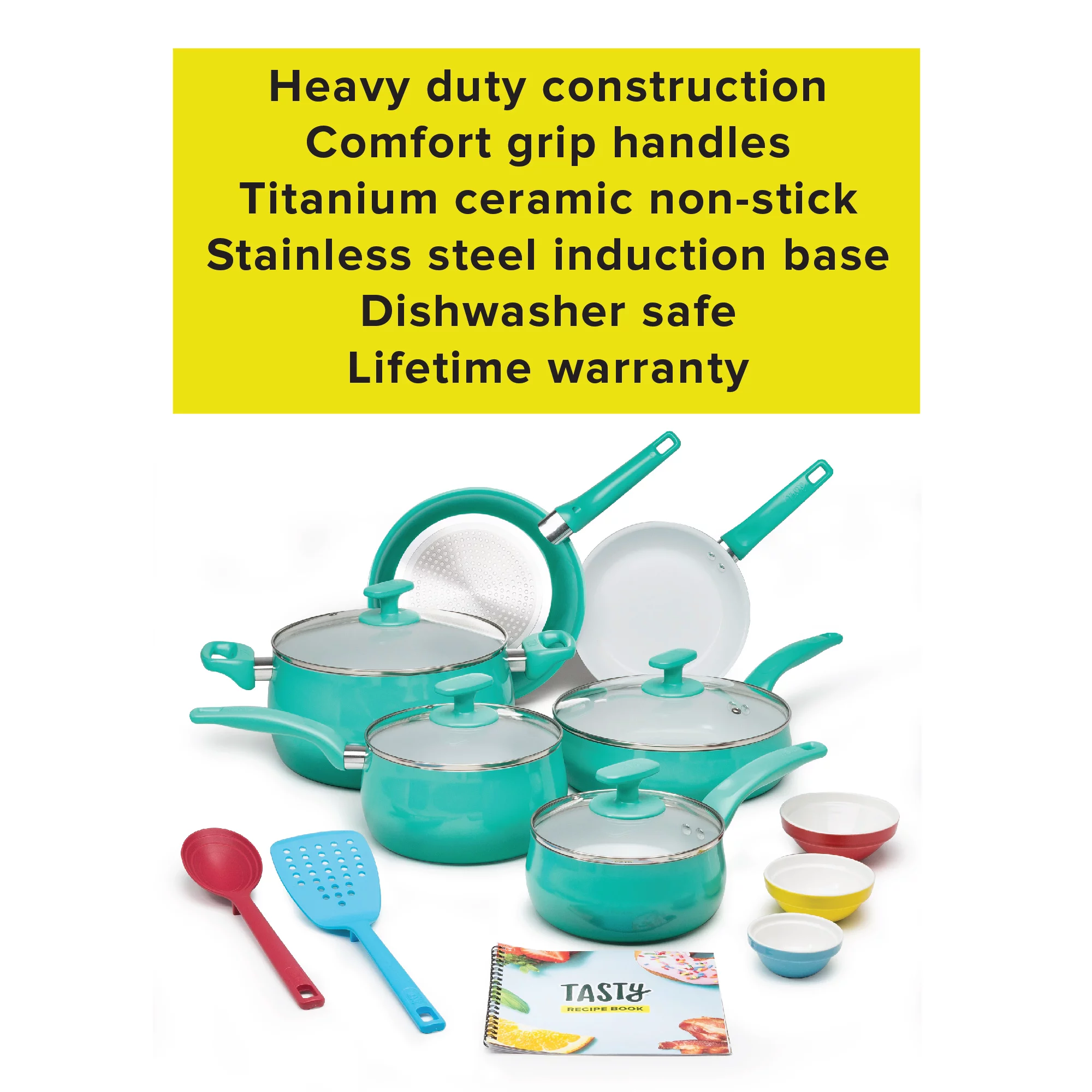 Tasty Ceramic Titanium-Reinforced Cookware Set， Ombre Green， 16 Piece