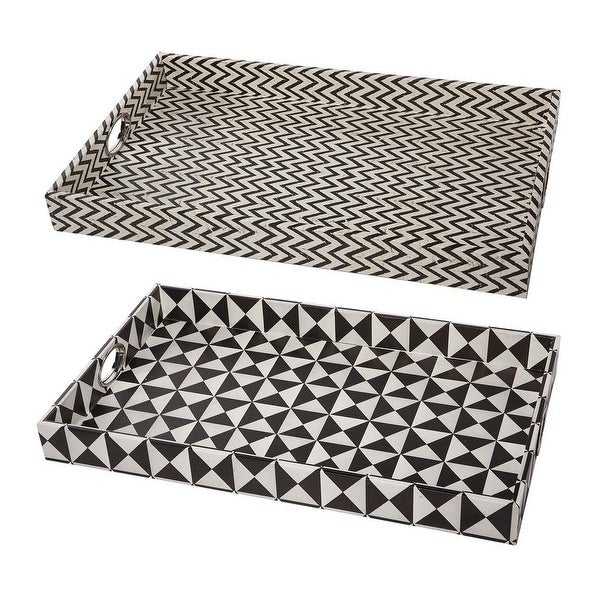 25 Inch Decorative， Black White Wood Trays， Art Deco Geometric， Set of 2 - 25L x 15W x 2.5H