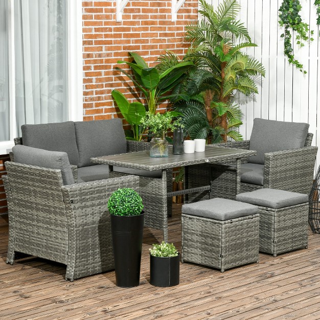 Outsunny 6 Pcs Patio Dining Set All Weather Rattan Wicker Furniture Set With Wood Grain Top Table And Soft Cushions