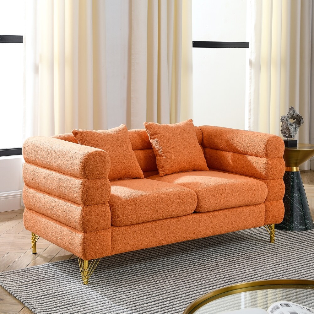 Stacked Sectional Sofa Sets Teddy Fabric Loveseat Sofa Curved Side Settee Sets with Lumbar Pillows for Living Room  Orange