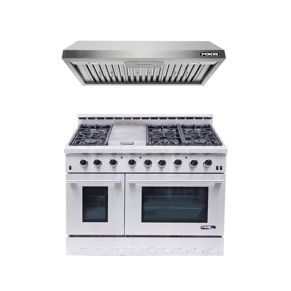 NXR Entree Bundle 48 in. 7.2 cu. ft. Pro-Style Dual Fuel Range Convection Oven and Range Hood in Stainless Steel and Black NKD4811EHBD