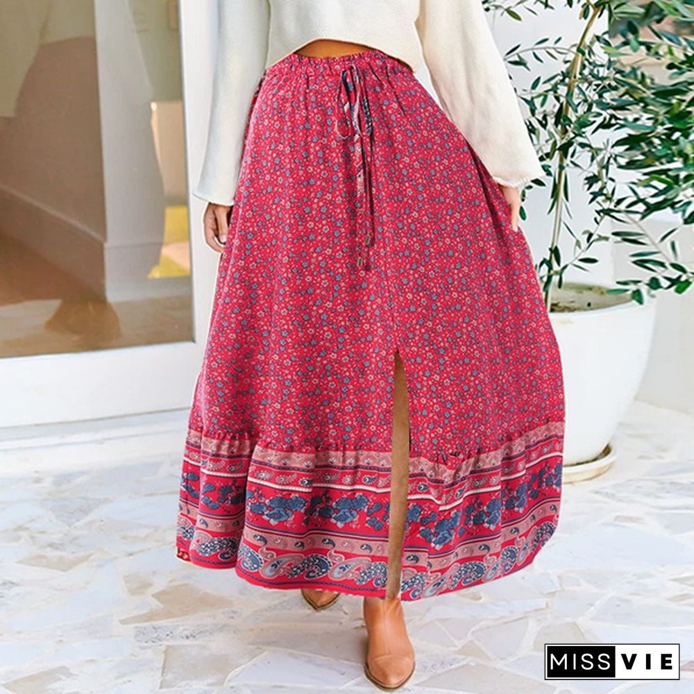 Women Floral Print Long Skirt Dress Elastic High Waist Bohemian Party Casual Swing Pleated Maxi Skirts Plus Size