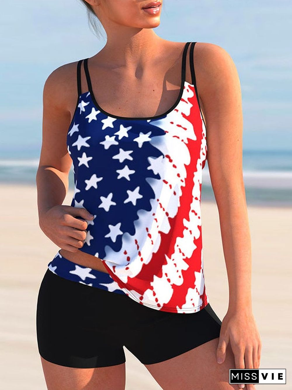 Plus Size Swimwear Sleeveless Colorblock Graphic Printed Tankini