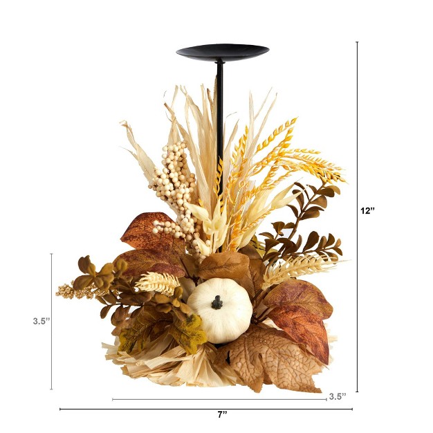 Nearly Natural 12-in Autumn Harvest And Pumpkin Fall Candle Holder