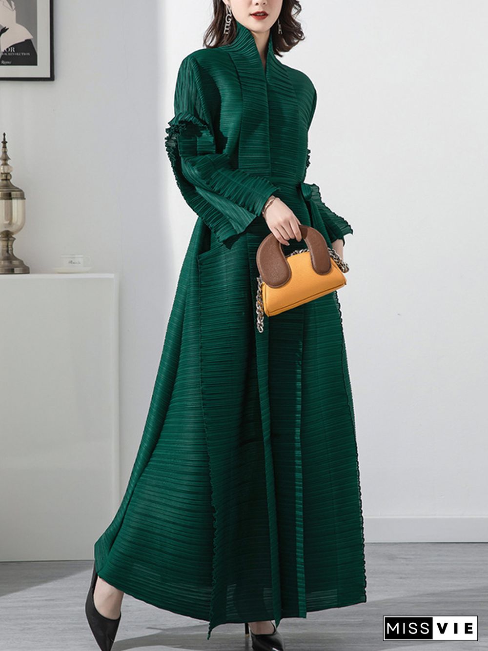 Casual Long Sleeves Loose Tied Pleated Stand Collar Midi Dresses