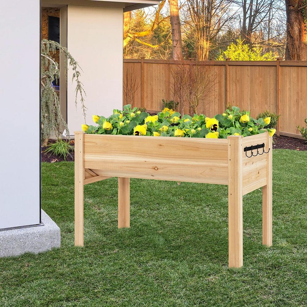 Costway 48 in. Wood Raised Garden Bed with Tool Hook Elevated Planter Stand with Funnel Design TH10008