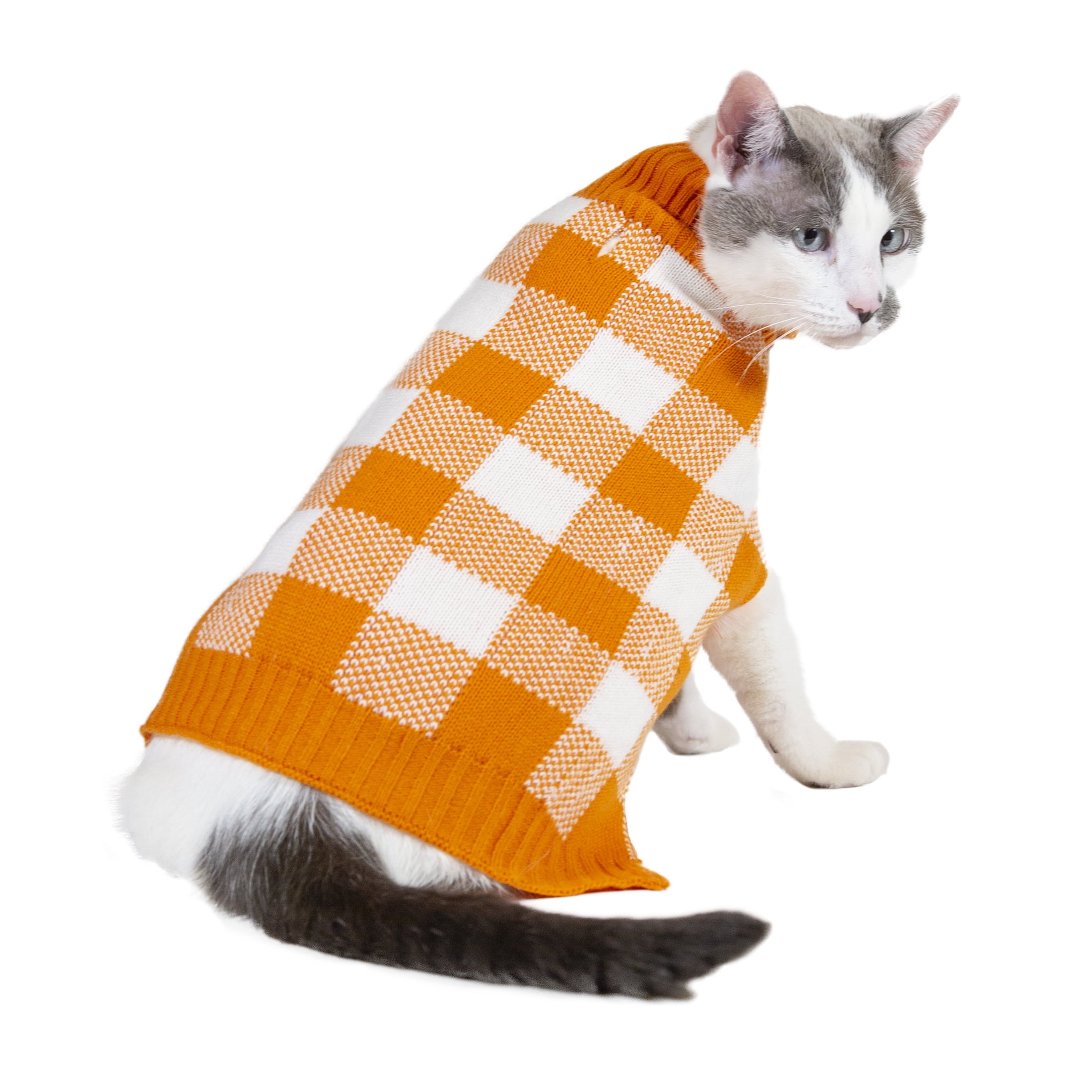 Vibrant Life Halloween Dog Clothes， Orange Buffalo Checkered Sweater， for Dogs or Cats， Size Small