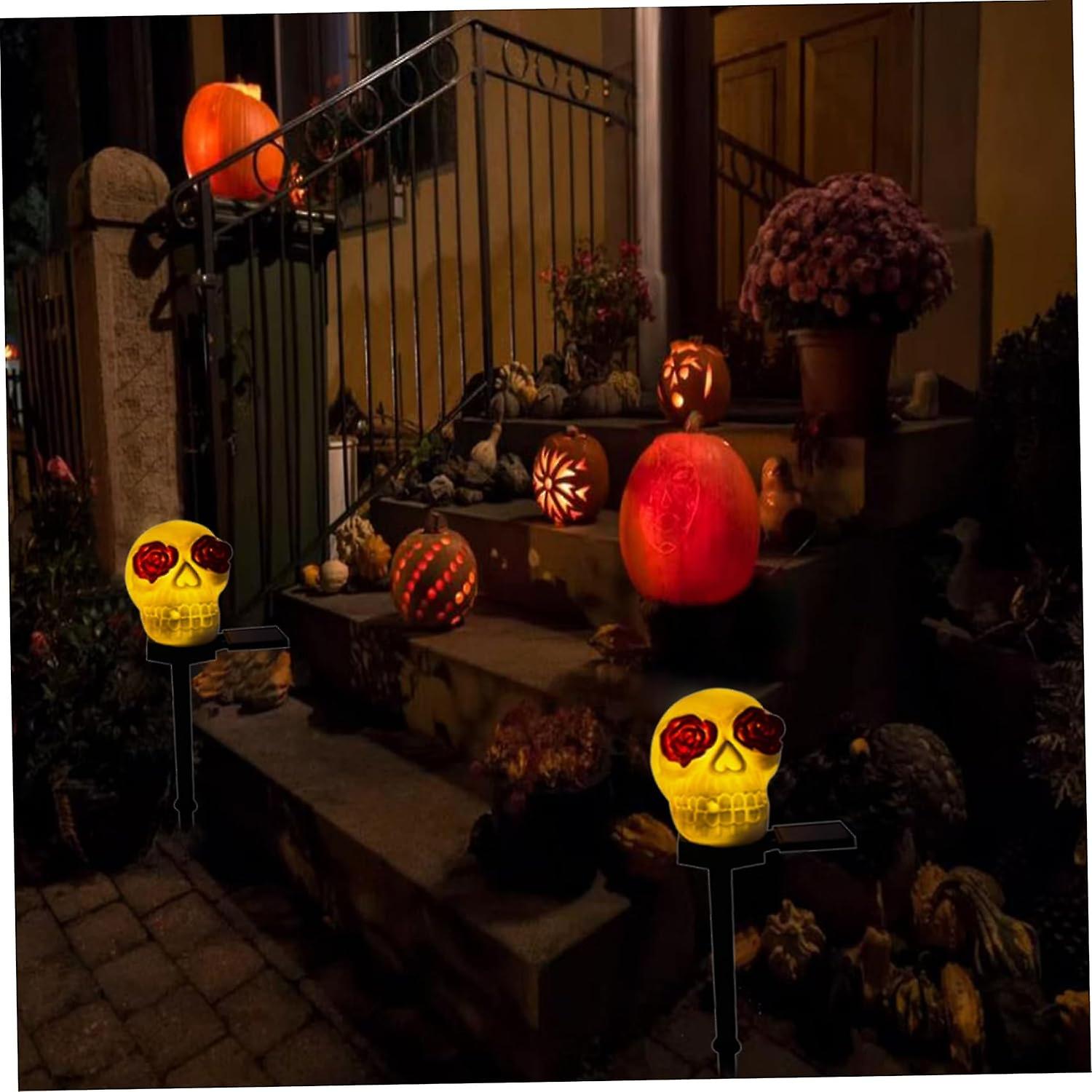 Solar Garden Light Solar Decorations Halloween Skull Decor Solar Garden Light Waterproof Led Decor For Garden Party Patio Party Two Eyed Rose Skull