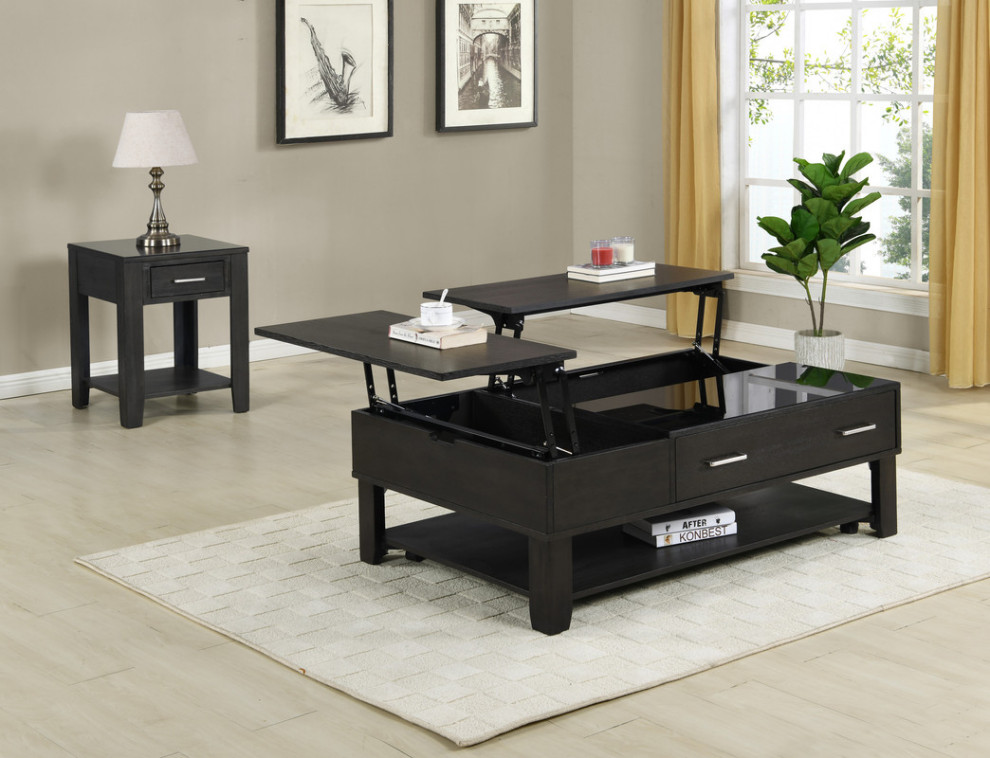 Bruno 2 Piece Ash Gray Wooden Lift Top Coffee  End Table Set  Tempered Glass Top   Transitional   Coffee Table Sets   by Lilola Home  Houzz