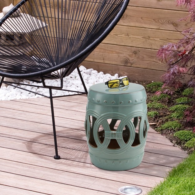 X 17 quot Ceramic Side Table Garden Stool With Knotted Ring Design amp Glazed Strong Materials