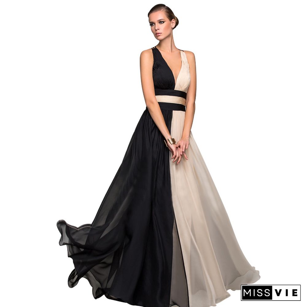 Slim Dress Sexy Sleeveless Color Matching Contrast Dress Long Skirt Black Dresses