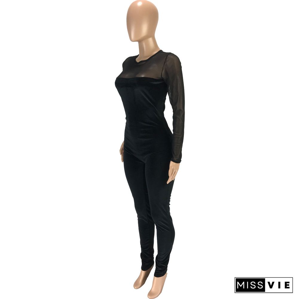 Solid-color Mesh Spliced Zip-up Nightclub Bodycon Jumpsuit