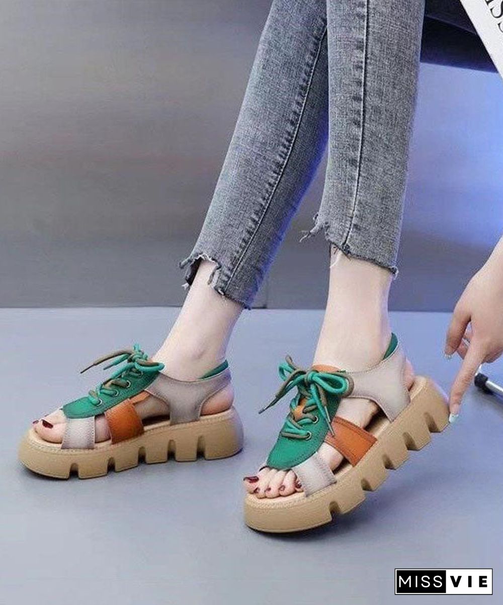 Colorblock Peep Toe Lace Up Splicing Casual Platform Sandals