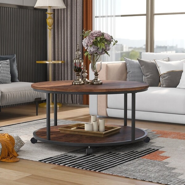 Rustic Design Round Coffee Table Featuring X-Shaped Base And Adjustable Leg Pads， Distressed Brown