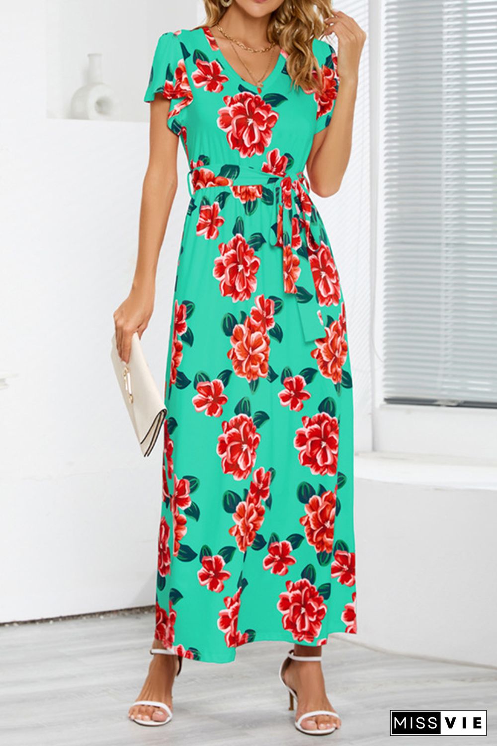 V Neck Short Sleeves Floral Maxi Dress