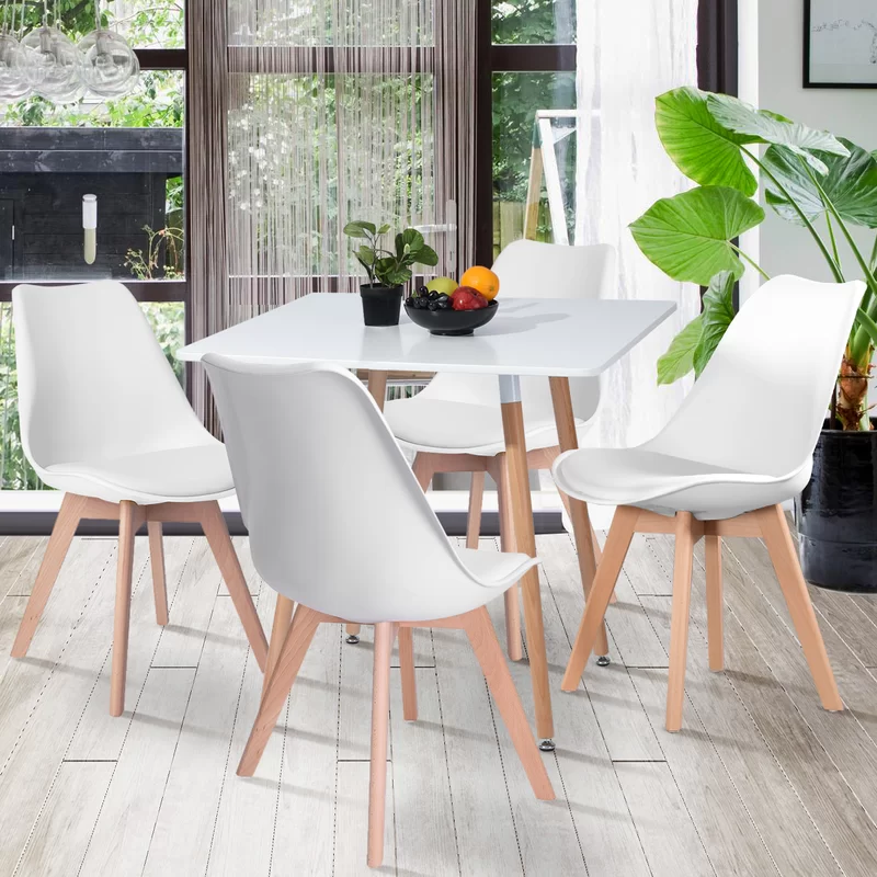 Matcha Chic Set of 4 Dining Chairs Mid-Century Modern Shell PU Seat with Wooden Legs-White