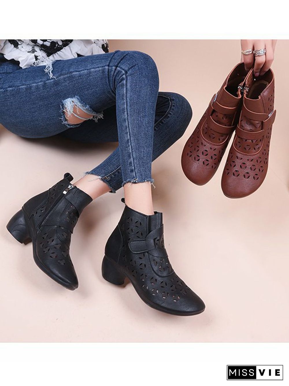 Vintage Cutout Chunky Heel Boots