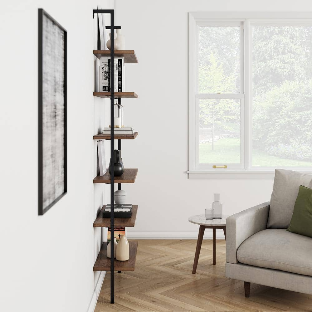 Nathan James Theo 85 in. Matte Black Reclaimed Oak Wood 6-Shelf Wall Mount Ladder Bookcase with Matte Black Metal Frame 65607