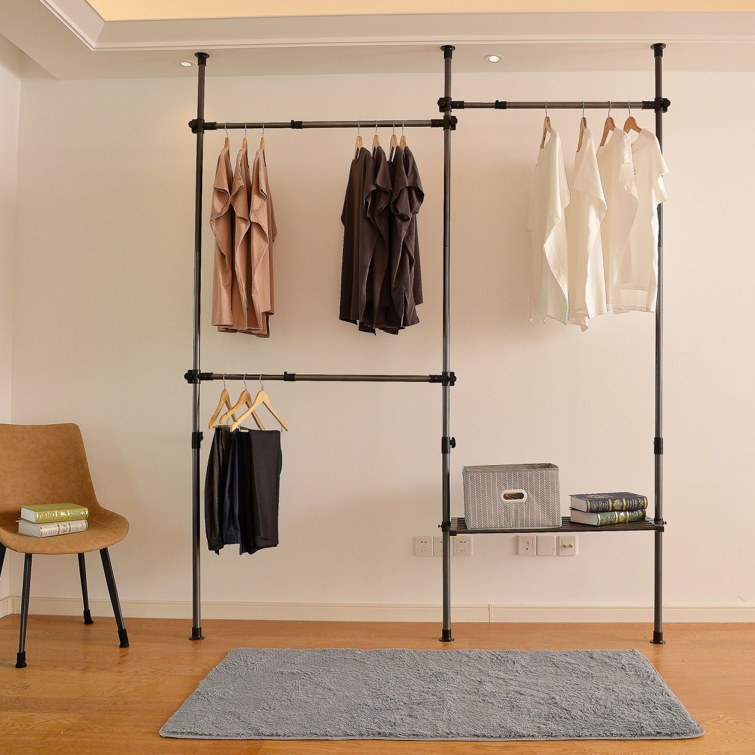 SUGIFT Adjustable Clothes Rack, Garment Rack System For Closet Organizer, Black Wardrobe Rack, Dimensions 86.6"-122" x 31.5"-47.25"