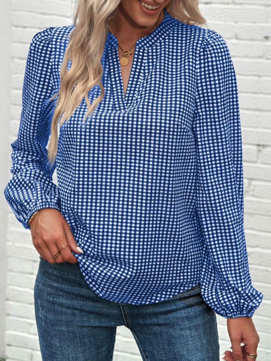 V-neck Casual Loose Check Print Long Sleeve Blouse