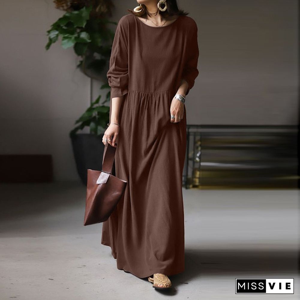 ZANZEA Women Autumn Long Sleeve Robe Solid Color Long Dress Casual Cotton Maxi Dresses