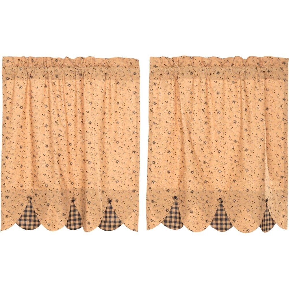 Tan Primitive Kitchen Curtains VHC Maisie Tier Pair Rod Pocket Cotton Floral   Flower Buttons