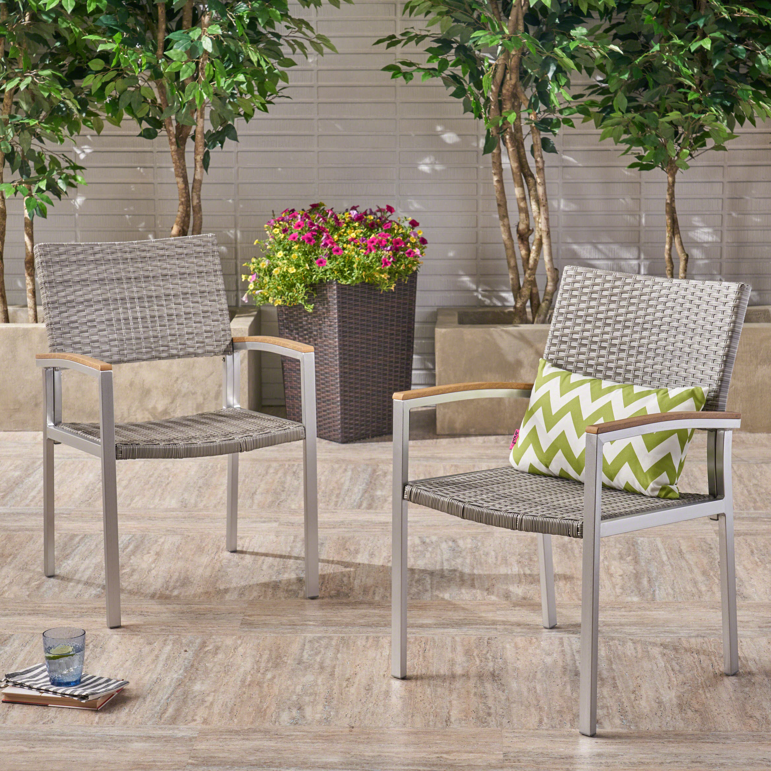 Baise Outdoor Wicker Dining Chair with Aluminum Frame (Set of 2), Gray and Silver