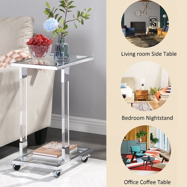 Mieres Modern Style Tempered Glass Top C Shape Side Table， Living Room Rolling End Table with Metal Frame