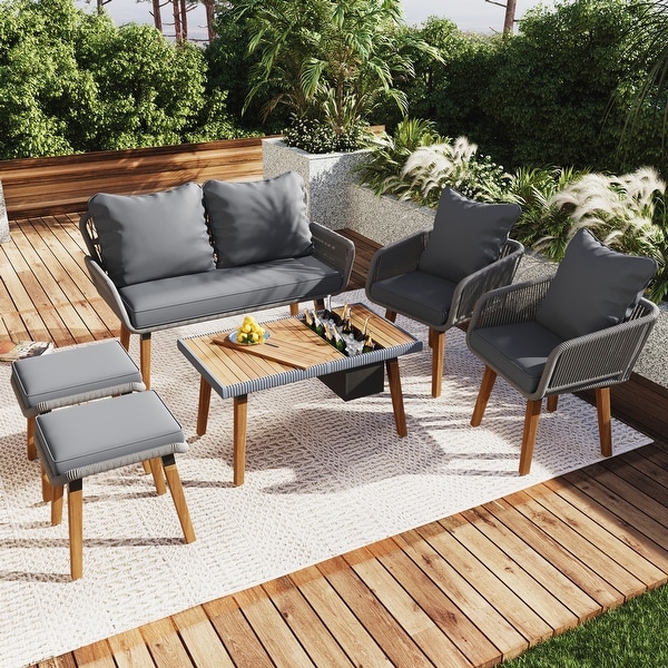 Grey Acacia Wood Patio Set: 6Piece Outdoor Furniture Ensemble with Cool Bar Table