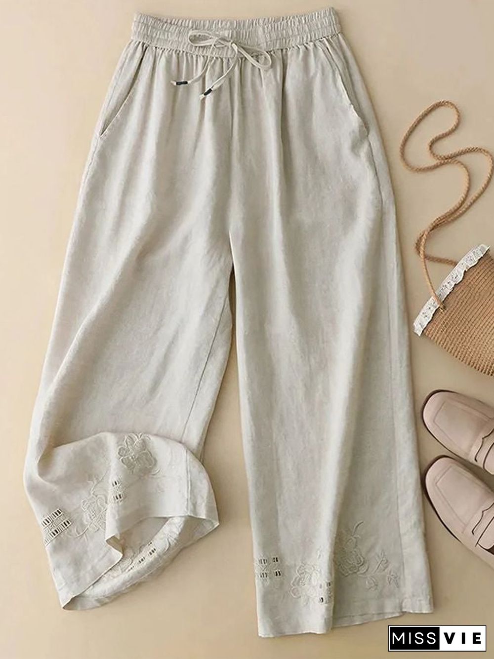 Cotton And Linen Embroidered Cutout Lounge Pants