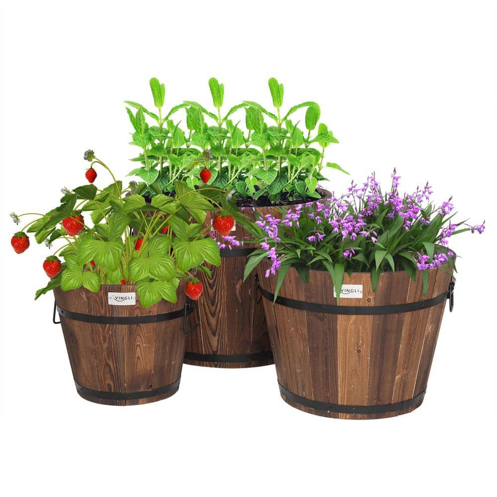 VINGLI Wooden Planter Barrel Set Real Wood Rustic Flower Pot with Drainage Holes (3-Piece) HDG26000841