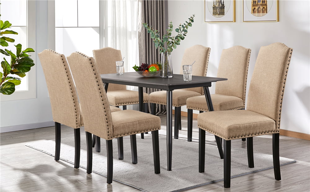 Smile Mart 6pcs Fabric Upholstered Parson Dining Chairs with Solid Wood Legs， Khaki