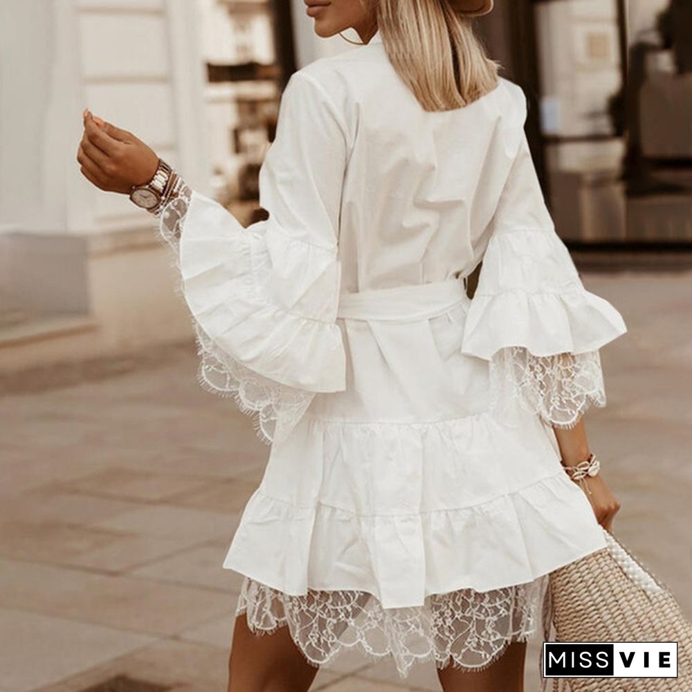 Women Flare 3/4 Sleeve Mini Dress Ruffled Lace Stiching Party Casual Pleated Short Dress Plus Size