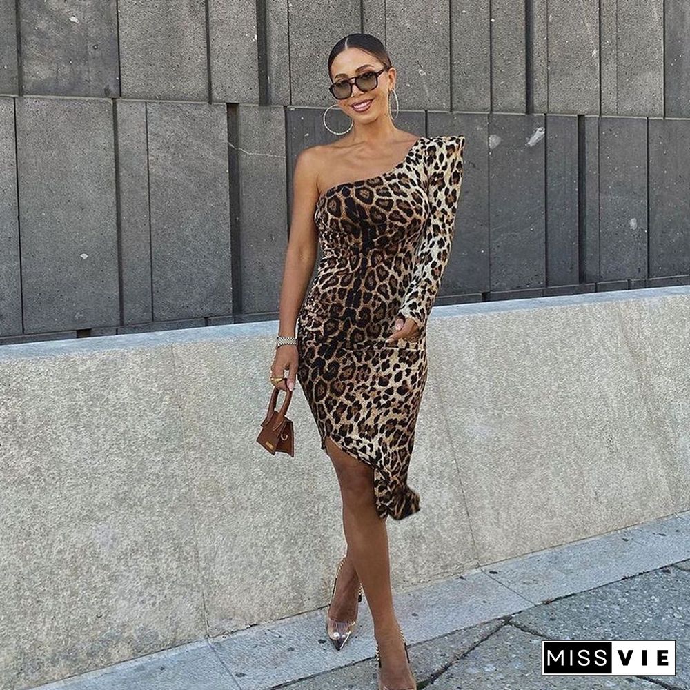 Sexy Leopard Print Long Sleeve Split Dress