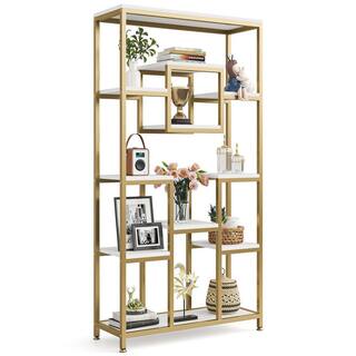 TRIBESIGNS WAY TO ORIGIN Frailey 71 in. Gold White Tall 11-Tier Large Open Display Bookshelf Geometric Cubed Bookcase Modern Storage Home Office HD-XK00191-WZZ
