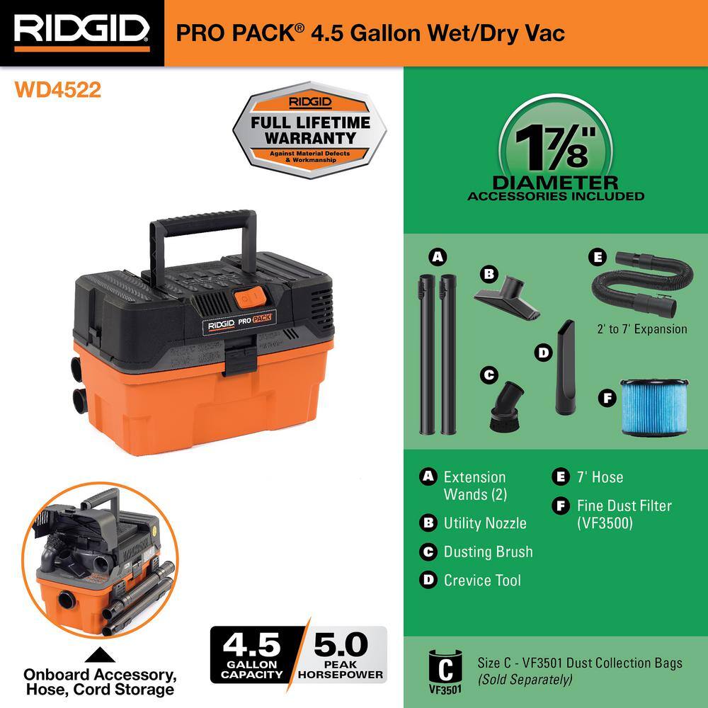 RIDGID 4.5 Gallon 5.0 Peak HP ProPack WetDry Shop Vacuum with Fine Dust Filter Expandable Locking Hose and Accessories WD4522