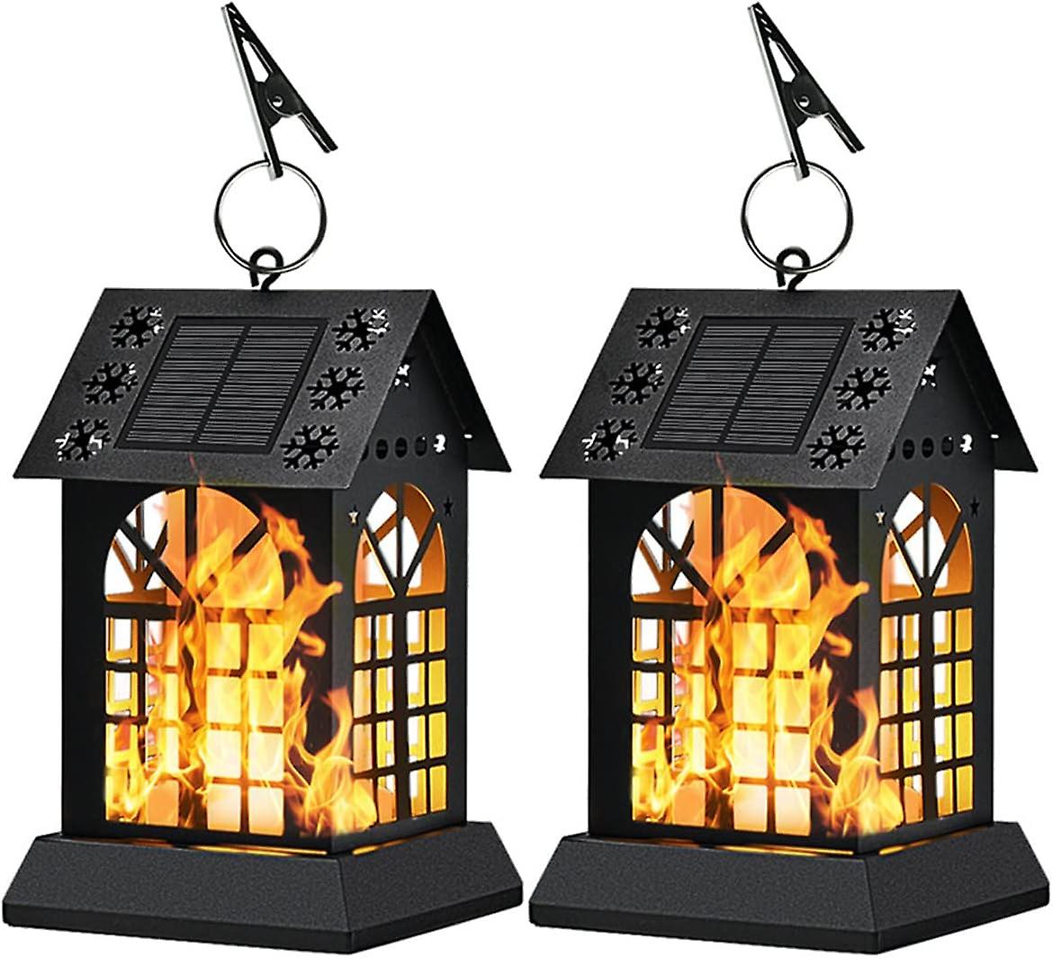 Set Of 2 99 Led Solar-powered Metal Flame Lamps For Garden， Driveway， Landscape And Home Decorations.