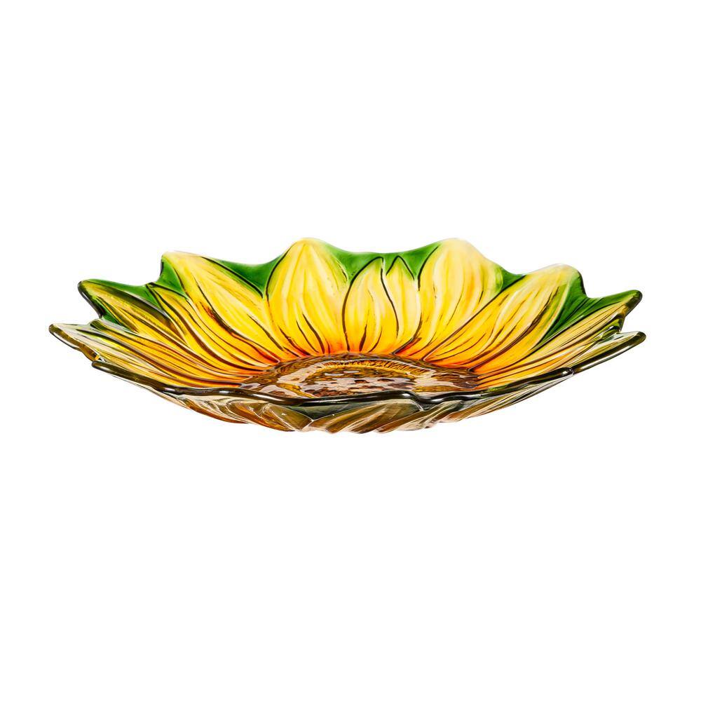 Evergreen 18 in. Sunflower Hand Painted and Embossed Shaped Glass Bird Bath 2GB7019