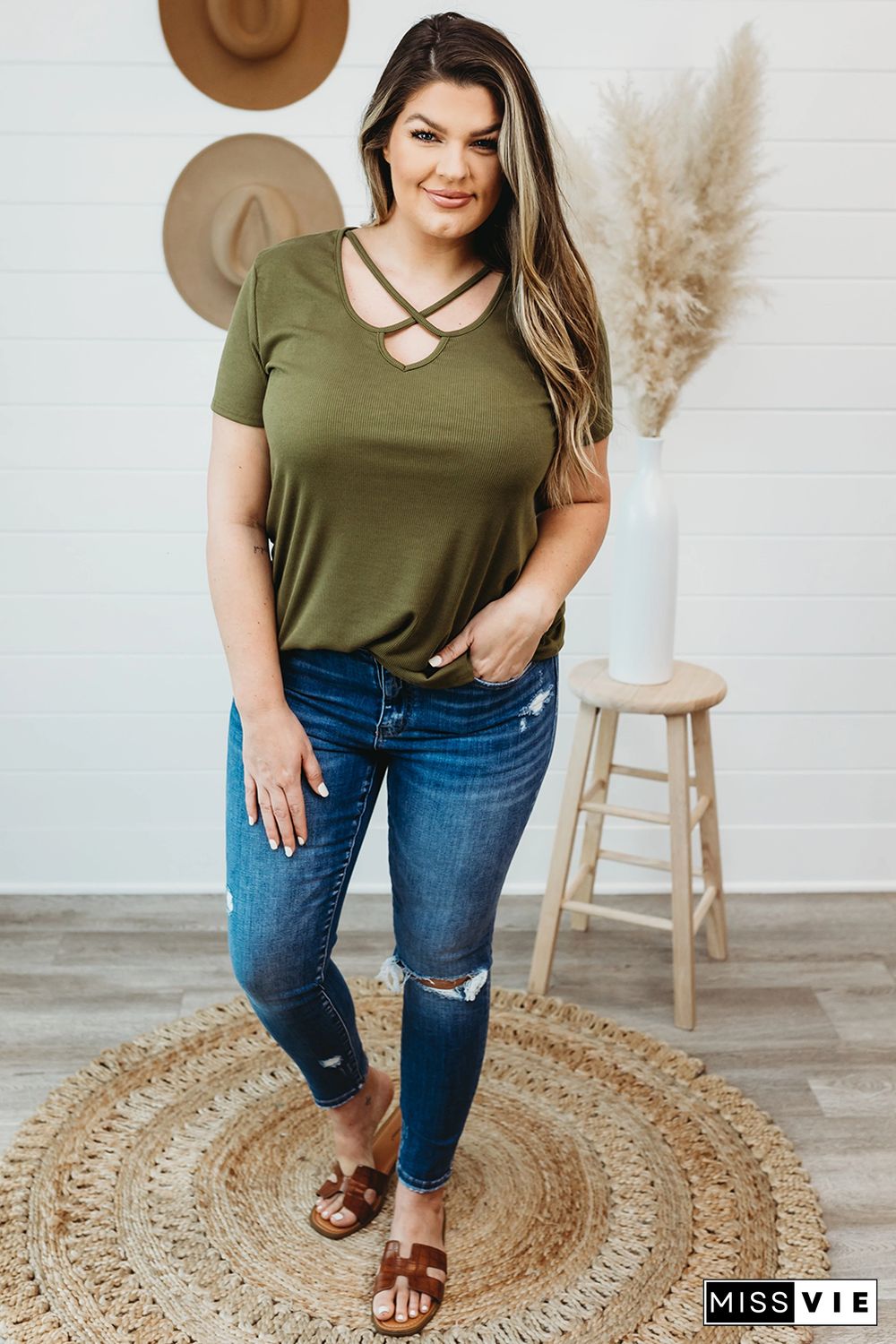 Army Green Plus Size Crisscross Ribbed Knit T-shirt