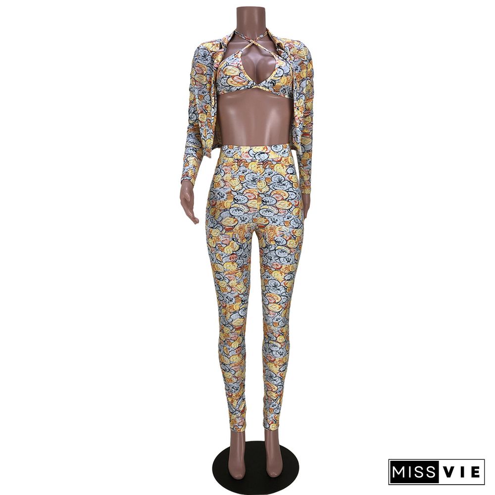 Luxury Print Blouse Halter Bra Long Pants 3 Piece Set