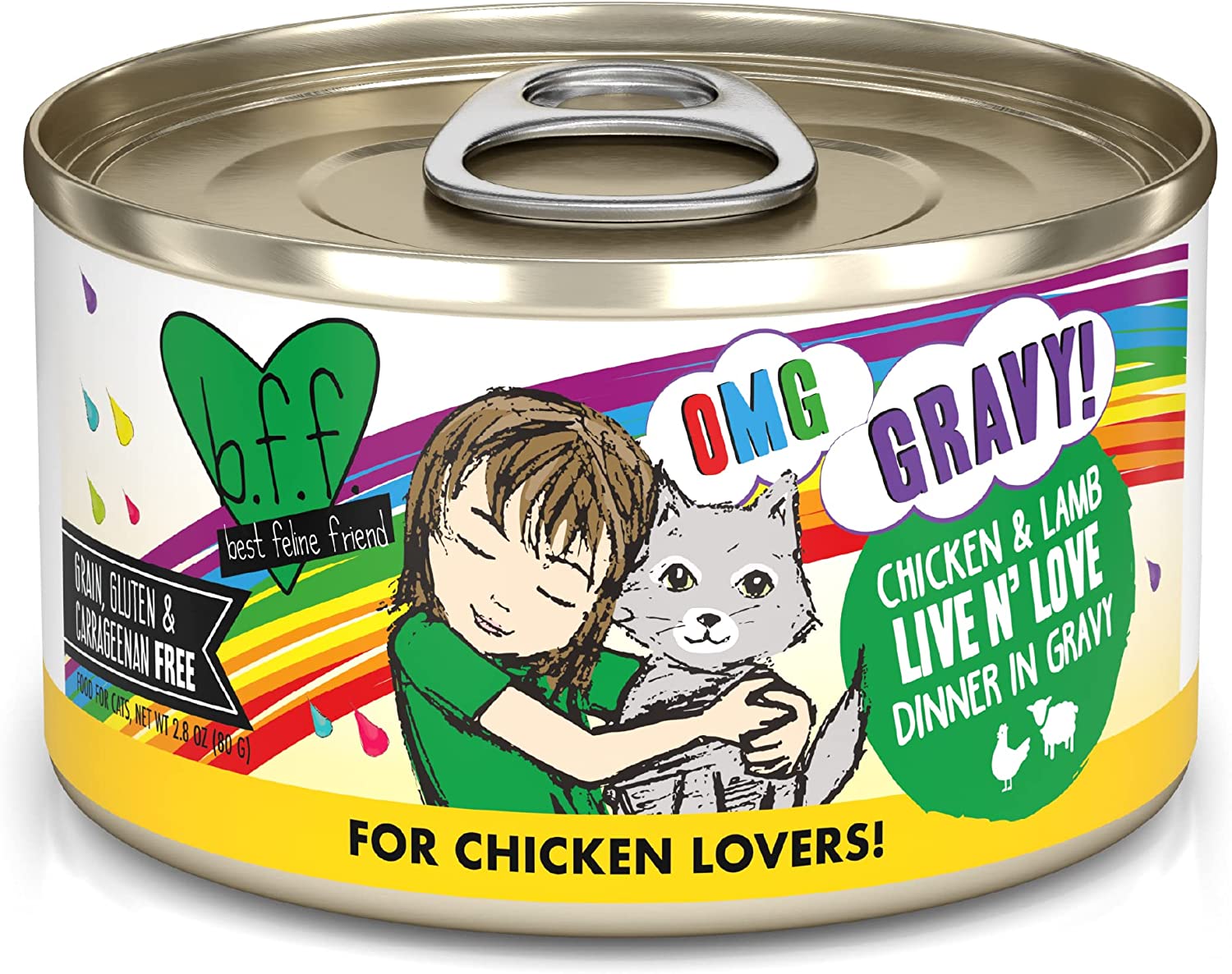 Weruva Wet Cat Food B.F.F. OMG - Best Feline Friend Oh My Gravy!， Chicken and Lamb Live N' Love with Chicken and Lamb in Gravy， 2.8oz Can (Pack of 12)