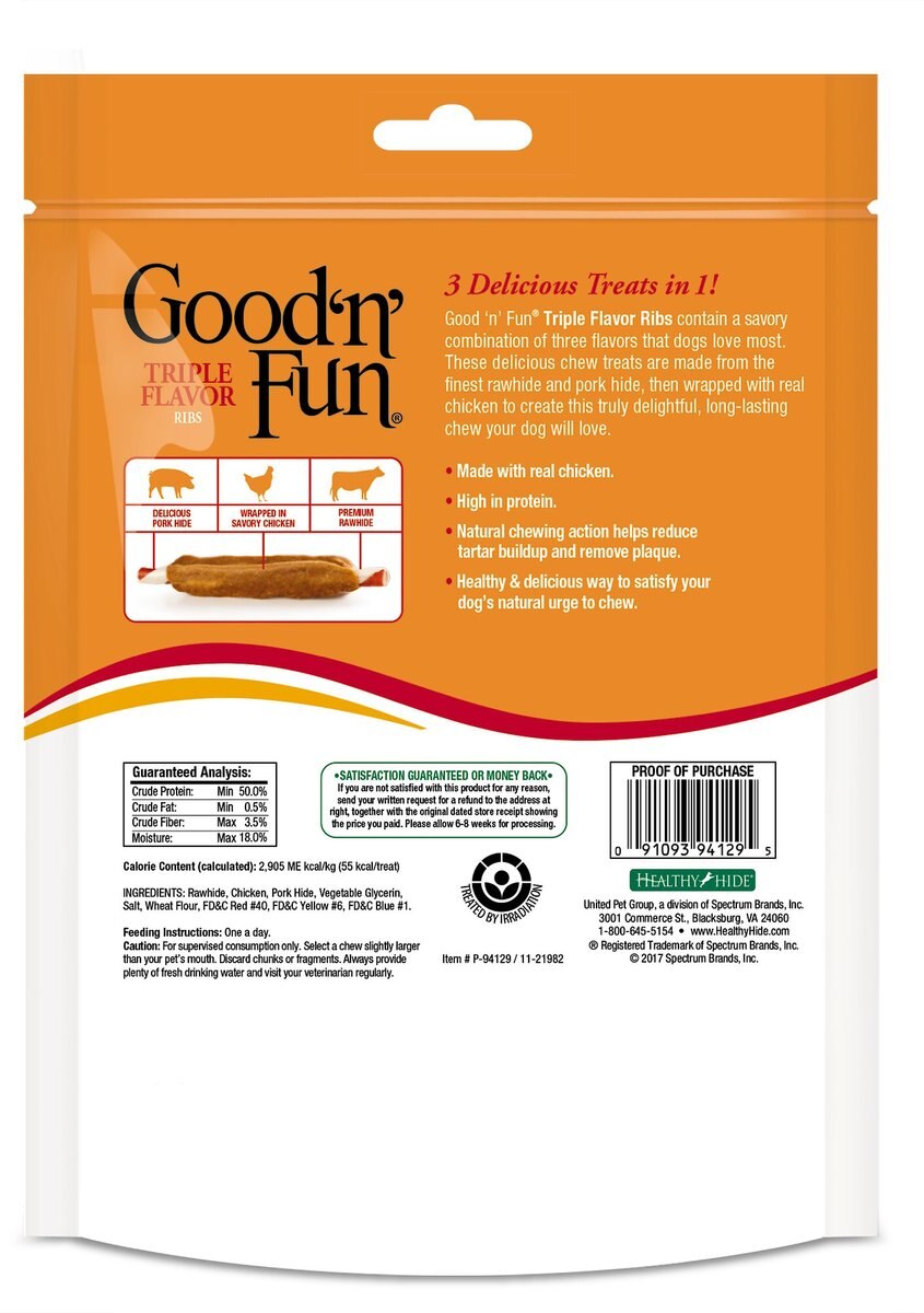 Good 'n' Fun Triple Flavor Ribs Beef， Pork and Chicken Sticks Dog Chews