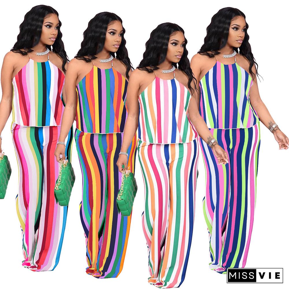 Fashion Color Striped Printing Women Plus Size Halter Sleeveless Crop Tops Loose Pants Summer 2 Piece Set