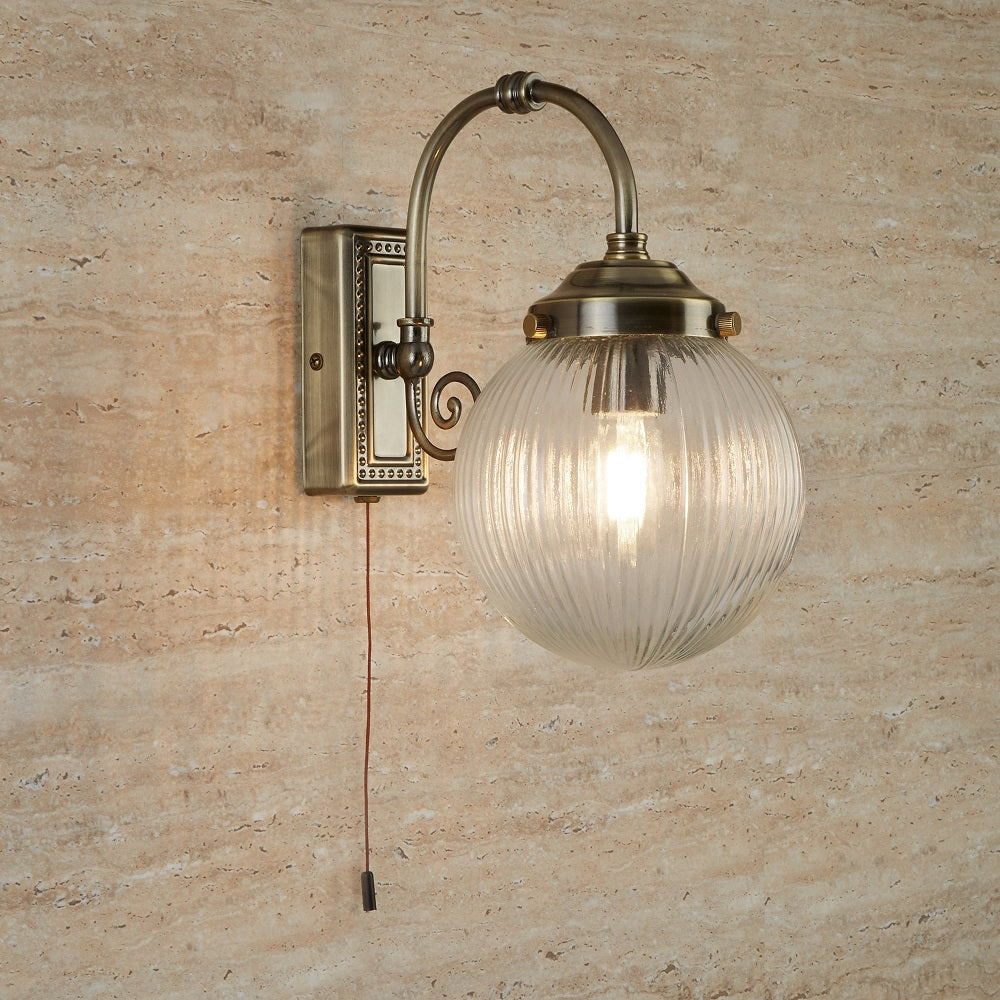 Britalia BRT330040 Antique Brass Bathroom Vintage Wall Light with Rib Globe Glass