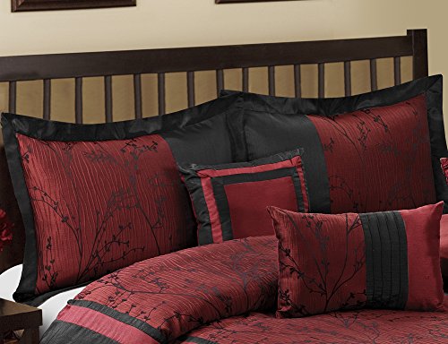 7 Piece LETICIA Tree Branches jacquard Burgundy Black Clearance bedding Comforter Set Fade Resistant， Wrinkle Free， No Ironing Necessary， Super Soft， All Size- Queen King Cal.King Size (Queen)