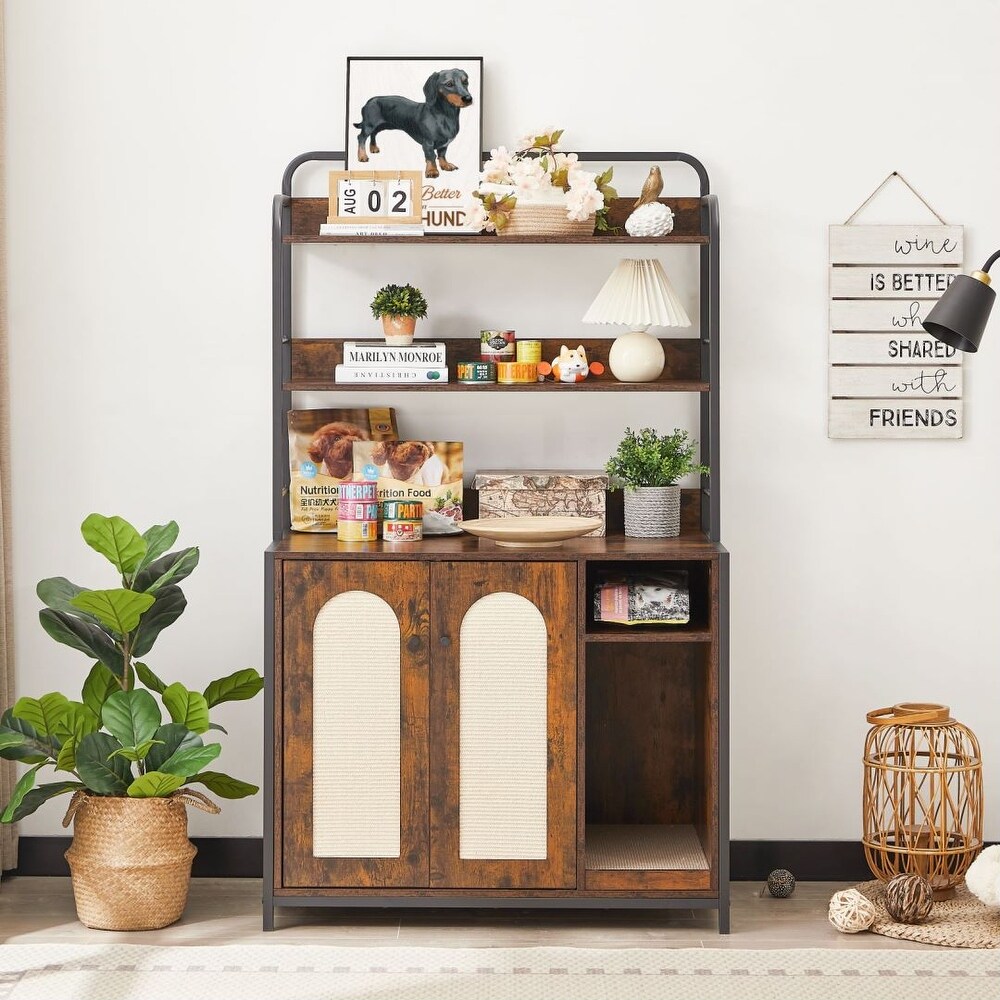 Brown Side Cabinet Bar Table with 2 Layers Shelf Kitchen Living Room